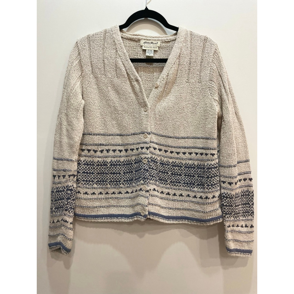 Eddie Bauer Hand Knit Cotton Linen Women Fair Isle Cardigan M Cottagecore Cabin